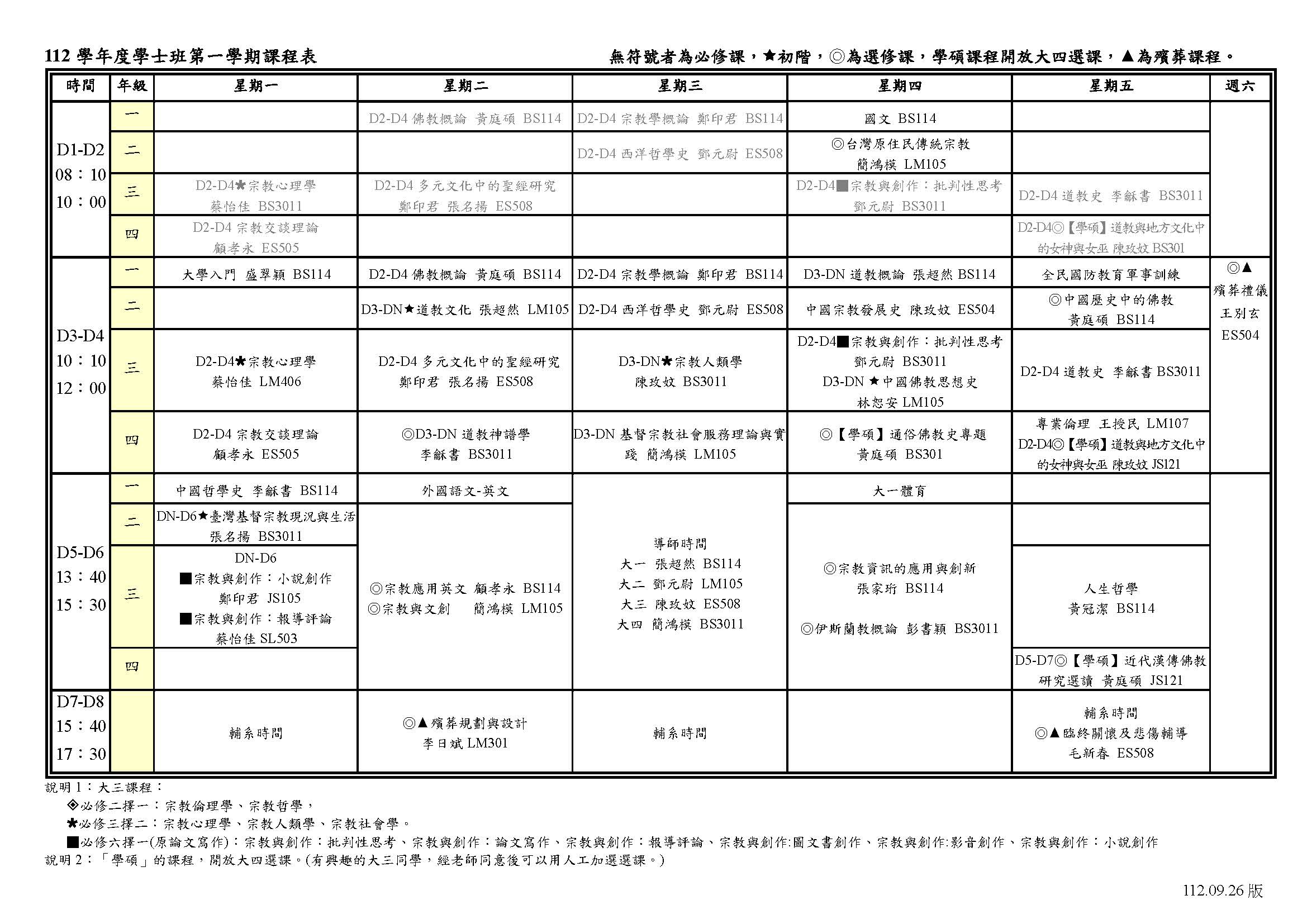 1121宗教學系學士班課表