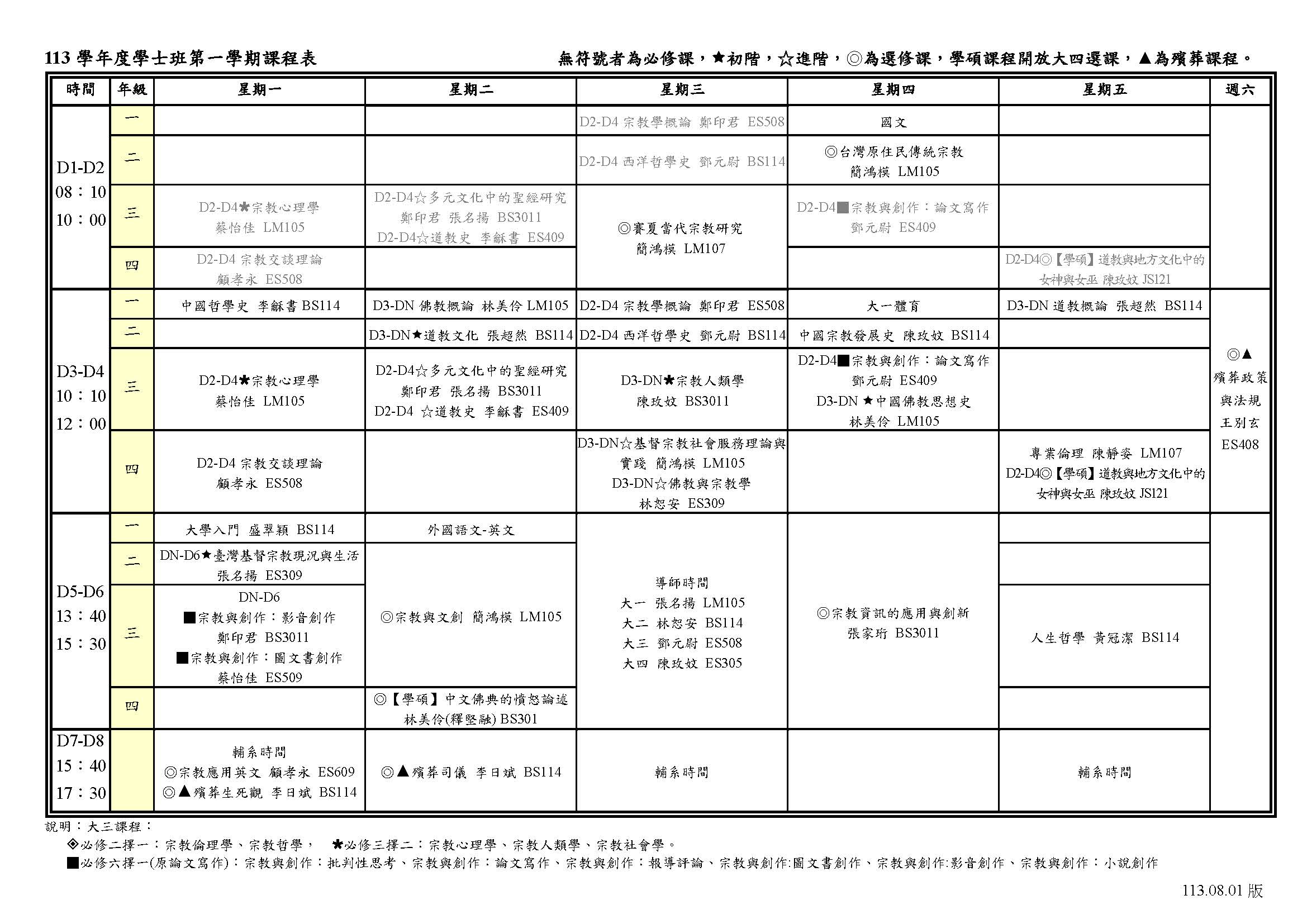 1131宗教學系學士班課表