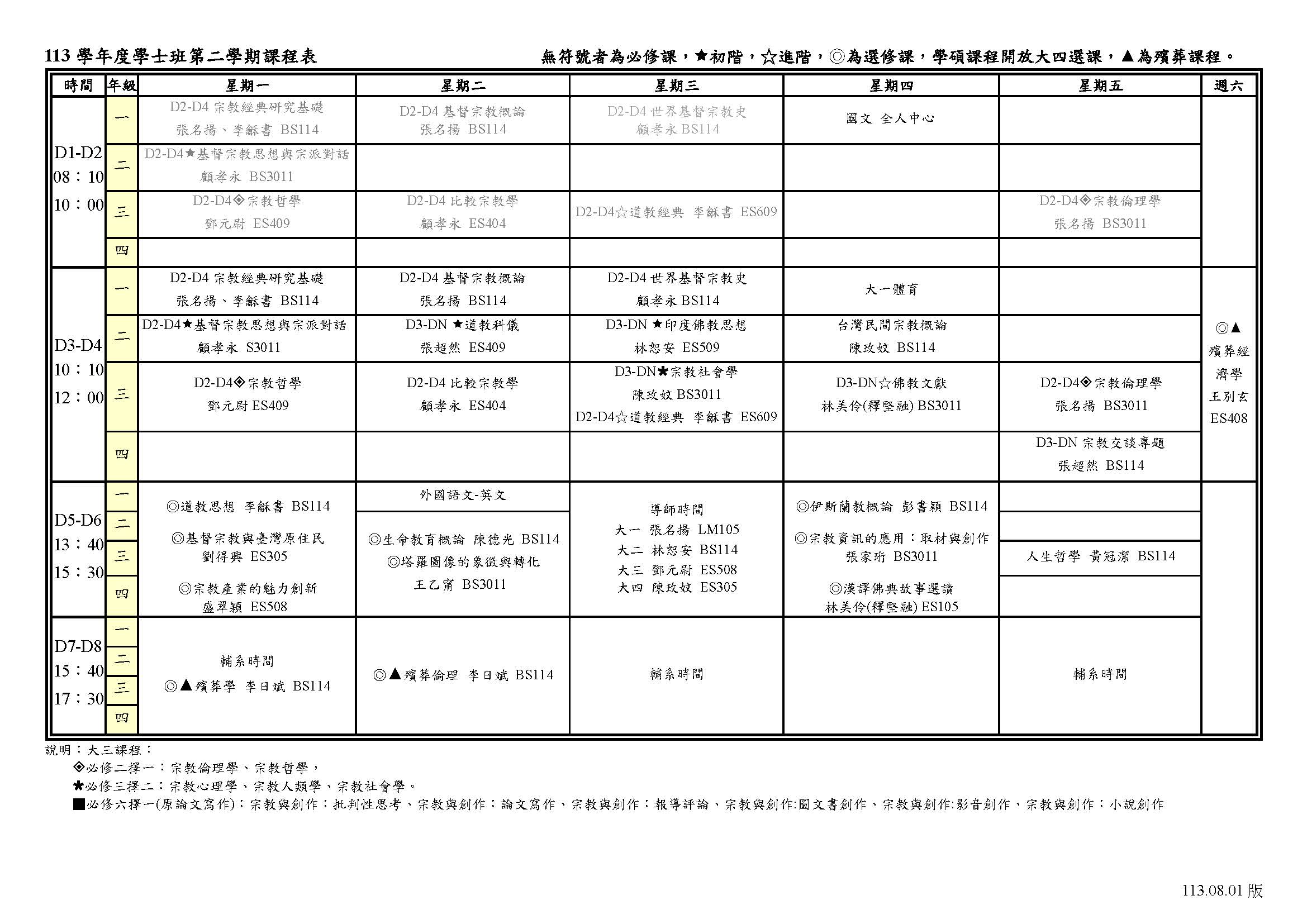 1132宗教學系學士班課表